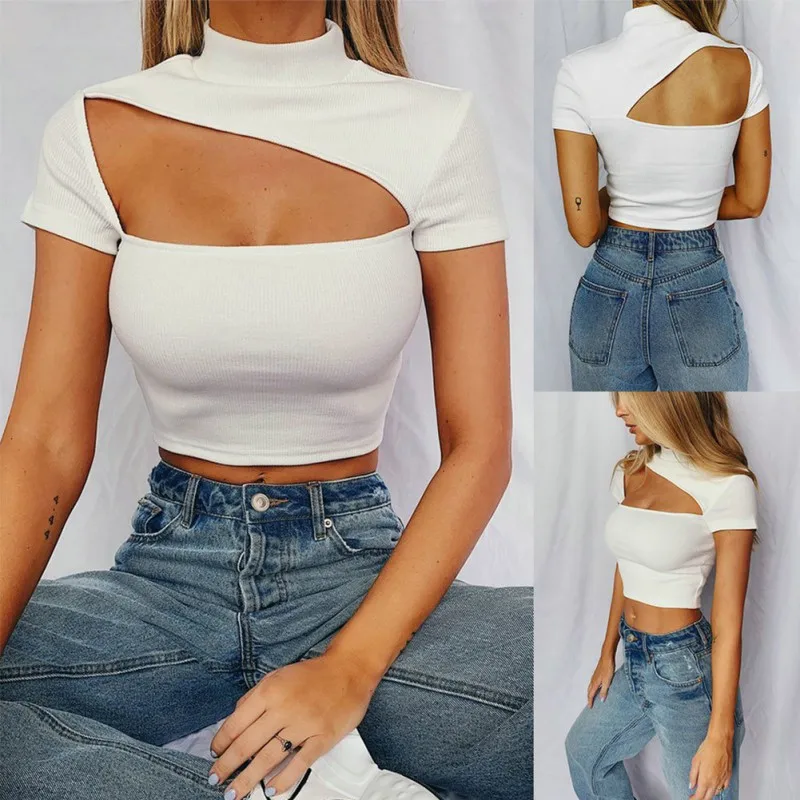 

Sexy Special Hollow Out O Neck Skinny T-shirts Women Short Sleeve Stretch Shirts Solid Color Crop Top Female Casual Shirt