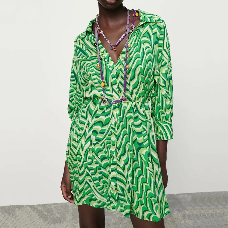 

Za 2021 Fashion Women Geometry Print Shirt Style Dress Three Quarter Sleeve Ladies Vintage Mini Dress OZZ1146