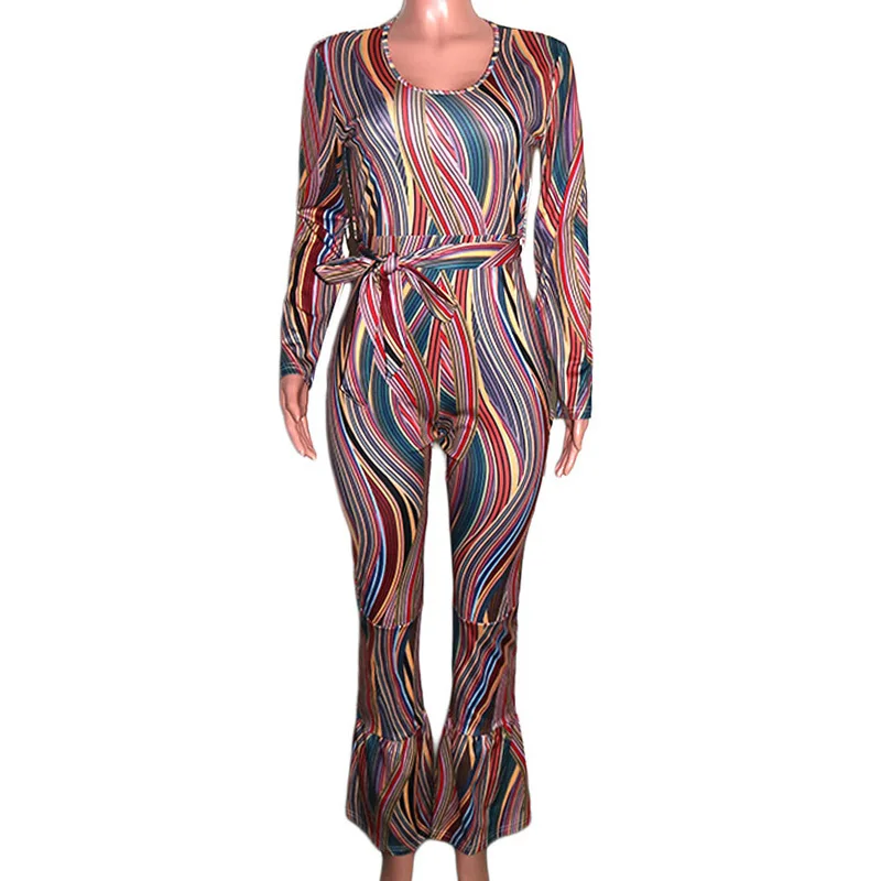 

Sexy Women Skinny Jumpsuit Striped Print Long Sleeve O neck Bodycon Flare Pant Romper
