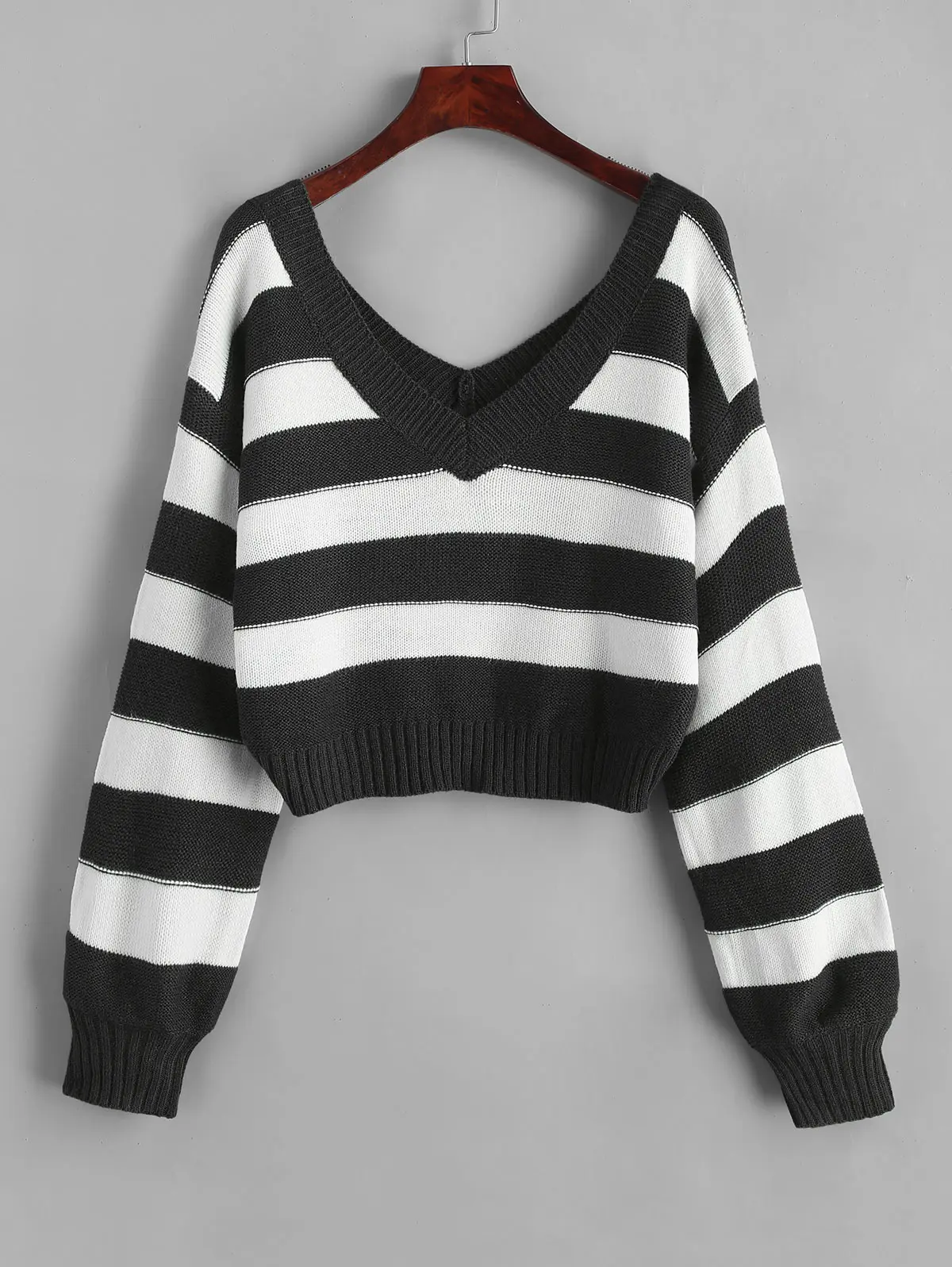 

ZAFUL Stripes Color Block Double V-Neck Pullover Sweater For Women Long Sleeve Contrast Short Tops Hot Sale 2019