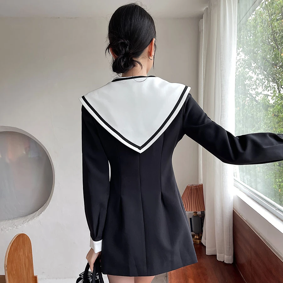 

Kimotimo Sailor Collar Dress Women Korean Spring 2021 New Lady Waist Thin Temperament Elegant Advanced Double Breasted Dress