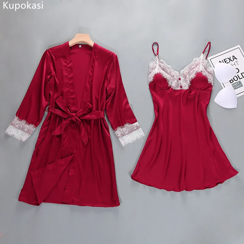

Kupokasi 2Pcs Sexy Women's Robe Gown Sets Night Woman Nightgown Summer Nightdress Lace Satin Sleepwear Pajamas With Chest Pad