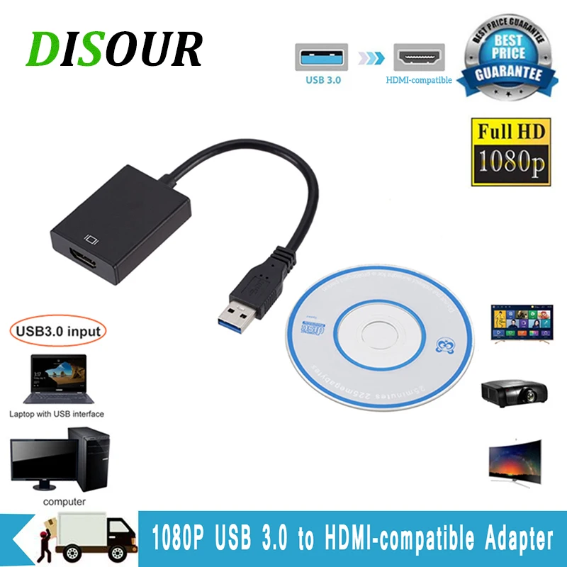 

DISOUR USB3.0 To HDMI-Compatible Male To Female Audio Video Adaptor HD 1080P Computer To TV Projector For Windows 7/8/10 PC