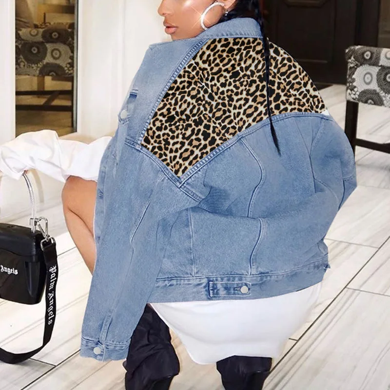 

Autumn Women Loose Basic Coats Female Jeans Coat Leopard Patchwork Denim Jacket Oversize Streetwear