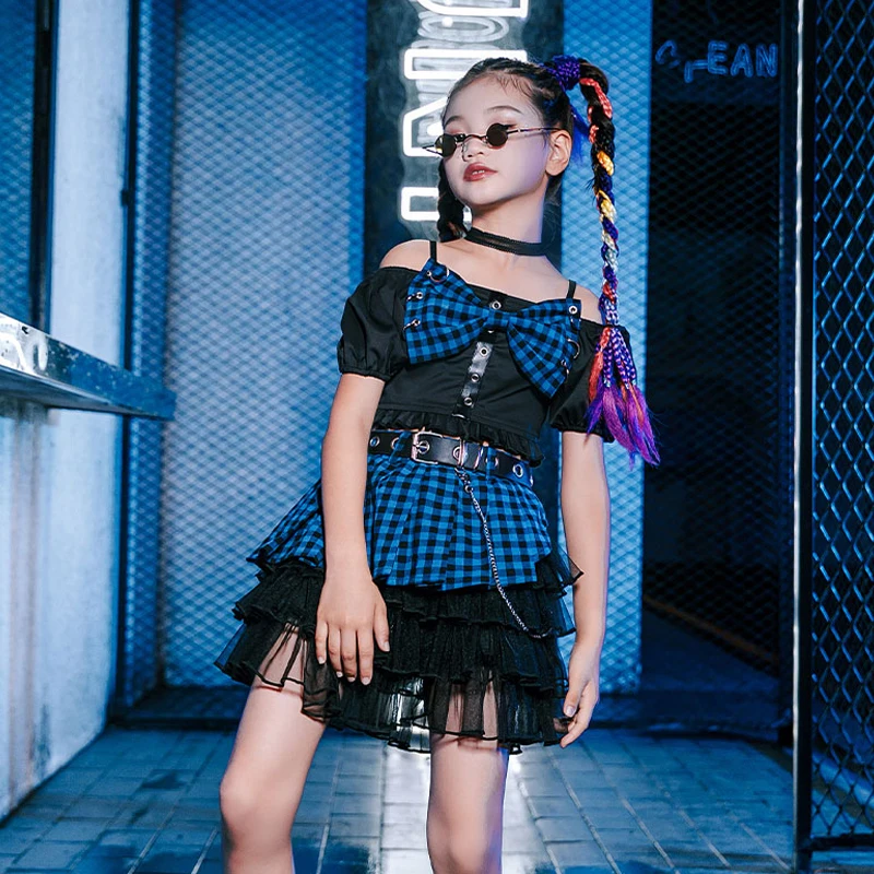 

Kids Jazz Dance Clothing Girls Model Catwalk Costume Child HipHop Street Dance Performance Clothes Blue Black Tops Skirt DQL5727