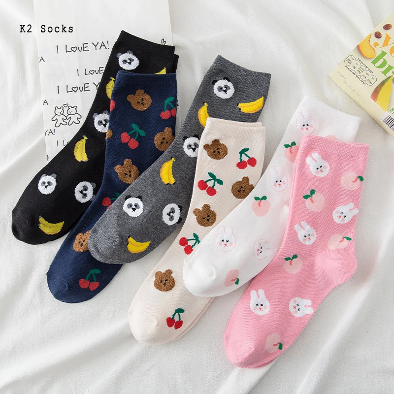 

New Kawaii Bear Banana Fashion Tube Socks Cotton Harajuku Japanese Simplicity Fruit Panda Funny Soft Happy Men and Women Socks
