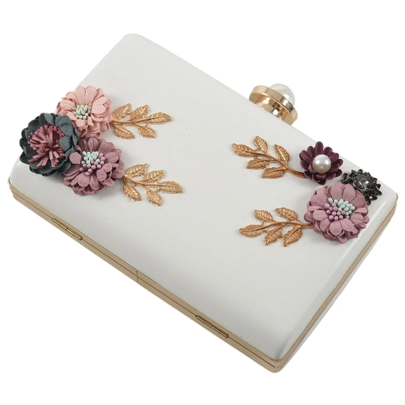 

Fashion Women Leather Evening Bag Dinner Party Lady Wedding Flower Clutch Purse(white)