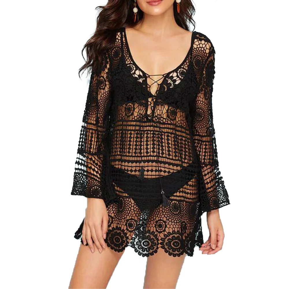 Летняя вязаная крючком Черная Пляжная накидка платье туника Длинные парео