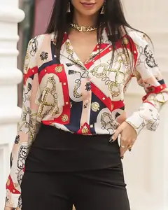 Женские повседневные рубашки на пуговицах с принтом и цепочкой, женские блузки с длинными рукавами, топы