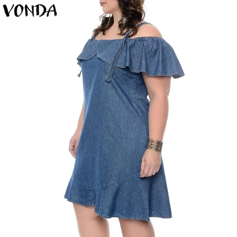 Женское джинсовое платье с оборками VONDA повседневное свободное однотонное