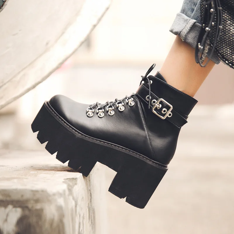 

Autumn Winter Chunky Heel Platform Boots Lace-up Black Gothic Boots Women Plush Inside Comfortable Sexy Buckle Footwear