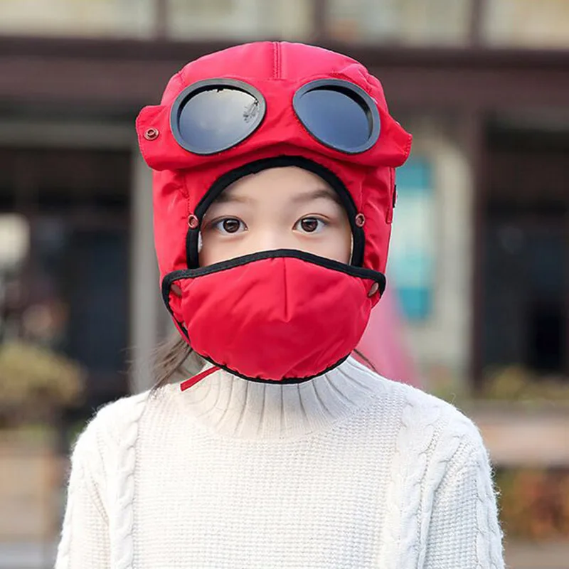 MAERSHEI/Детская шапка-бомбер, вельветовые толстые родитель-детские наушники, маска для очков, шапка, теплая холодная шапка для мальчиков и девочек - Цвет: RED Kids