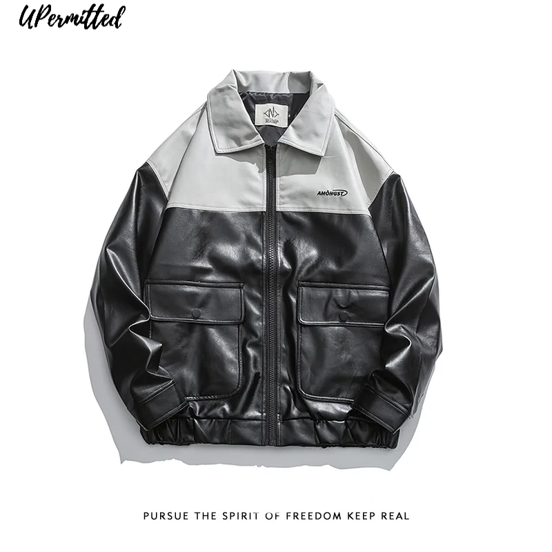 

2021 Autumn Winter New Street Color Matching Jacket Men's Leather Fashion Embroidered Windbreaker Pilot Motor Wear Locomotive