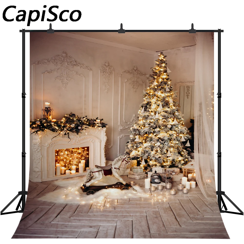 

Capisco Christmas Tree Fireplace Candle Wooden Floor Photographic Backgrounds Customized Photography Backdrops For Photo Studio