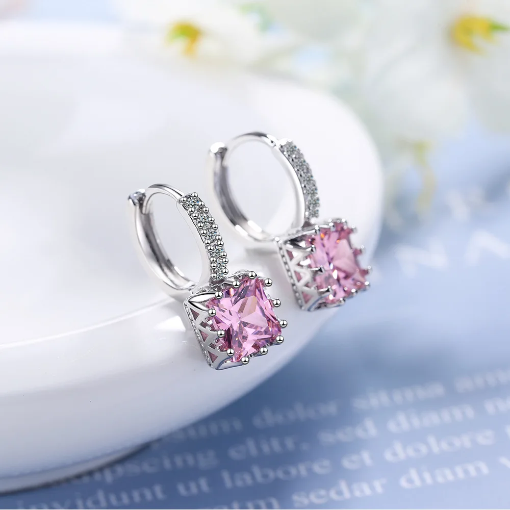 

Charm Female Rainbow Crystal Small Earrings Vintage Silver Color Clip Earrings For Women Cute Square Zirconia Wedding Earrings