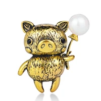 blucome cute pig shape brooch antique gold color simulated pearl accessories women girl children animal badge jewelry lapel pin