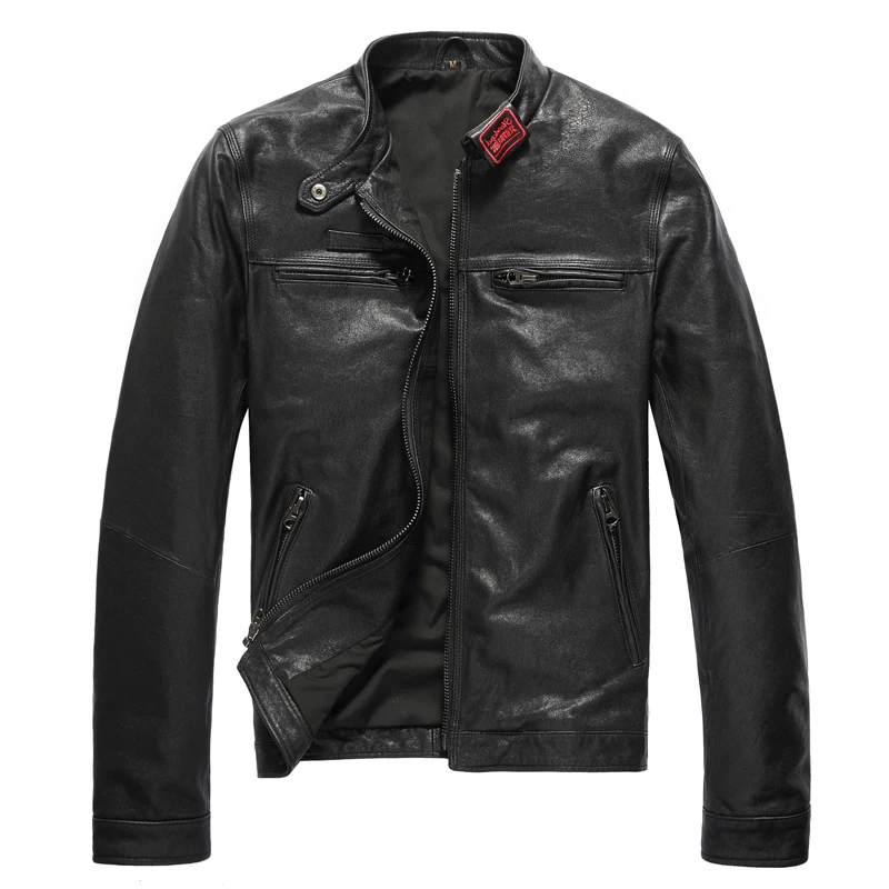 

Genuine Leather Men's jacket Vegetable tanned goatskin Black Real Slim Winter Russian Leather Motorcycle Coat FREE SHIPPING