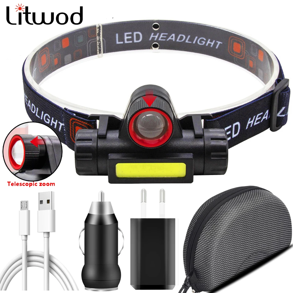 Zoomable Built-in Battery Camping Powerful LED Headlamp COB USB Rechargeable Headlight Waterproof Head Torch Head Lamp Lantern