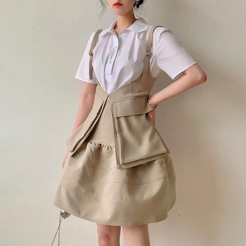 

GALCAUR Khaki Two Piece Set Women Pockets Minimalist Short Vest High Waist Fold Pleated A-line Skirt Solid Suits Females Clothes