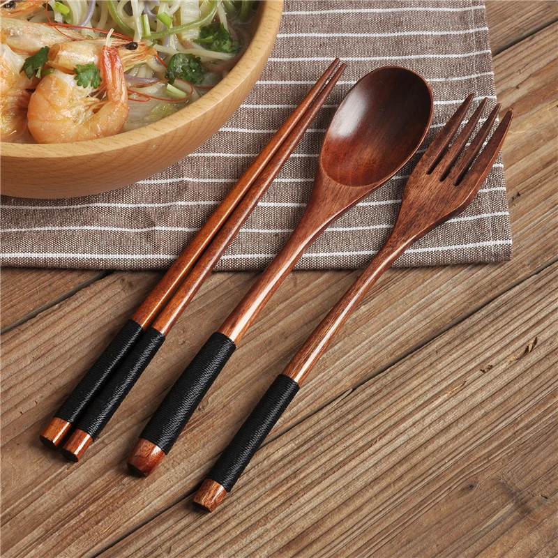 

3Pcs Natural Wooden Tableware Long Handle Solid Wood Ramen Spoon Chopsticks Fork Dinner Set Portable Handmade Household Cutlery