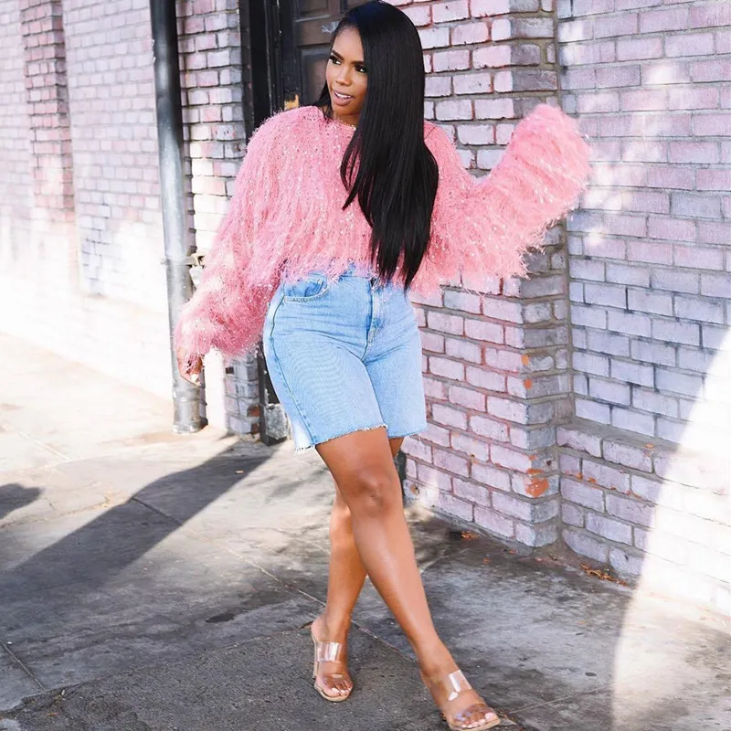 Neon Fringe Female Crop Oversized Sweater Knitted Pullover 2023 Fashion Clothes Women Winter Fur Tops Tassel Jumper Streetwear