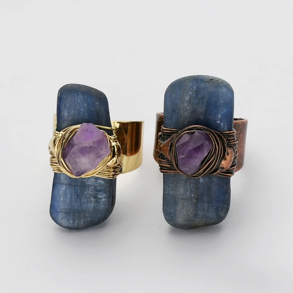 

Gold Color Raw Healing Stone Rings Natural Kyanite Wire Wrapped Rings for Women, Antique Copper Natural Kyanite Amethysts Ring
