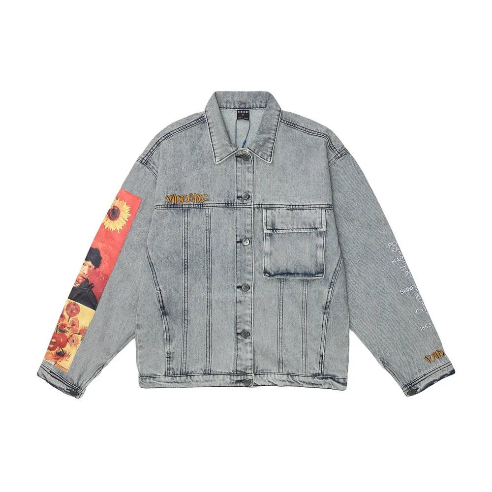 

Jackets Streetwear Fashion Outwear Coats Van Gogh Painting Patchwork Embroidery Denim Jackets Hip Hop Casual Loose 43