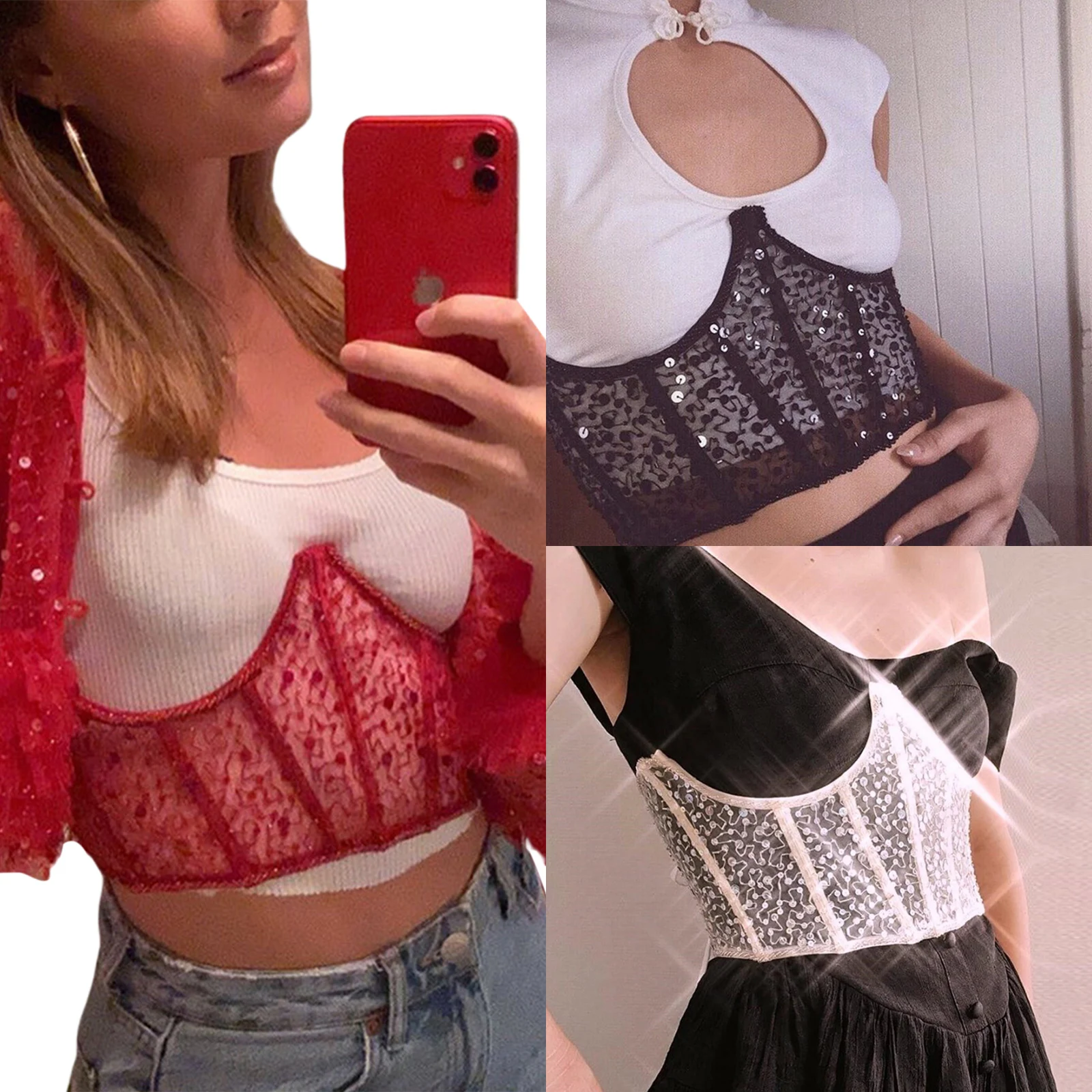 

Women's Lace-up Lace Vest, Casual Sexy Solid Color Tops, Sleeveless Tight Hollow See-through Clothing