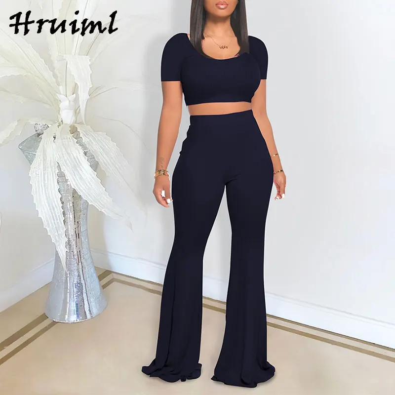 

Tracksuit Women Sets Plus Size Two-piece Suit Summer Solid Short Sleeve Crop Top and Flare Pants Set Outfit Women's Clothing
