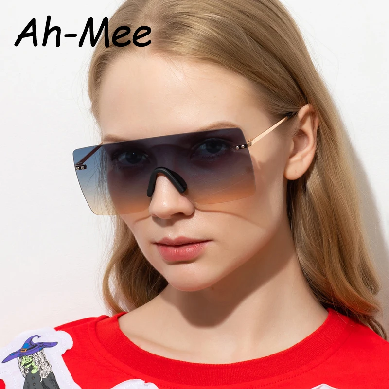 

Oversized Square Sunglasses Women Rimless Sun Glasses Brand Flat Top Gradient Black Clear Lens One Piece Shades Men UV400