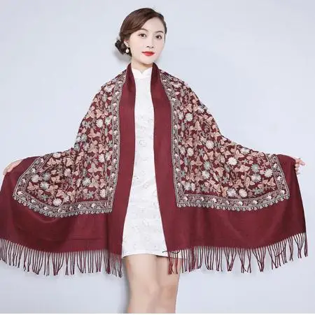 burgundy Женские зимние теплые шарфы с вышивкой Палантин женский/женский шали и обертывания Длинный кисточкой женский фуляр одеяло Прямая поставка - Цвет: burgundy