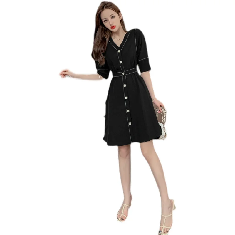 

COIGARSAM French Style Women dress New Summer Single Breasted High Waist V-Neck Dresses Black 5077