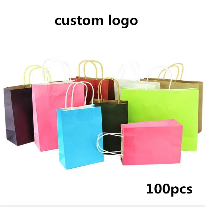 100 шт. Пользовательский логотип пакет из крафт бумаги с ручкой индивидуальный