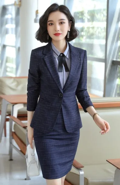 Navy coat and skirt Модные женские деловые брюки костюмы OL темперамент формальный длинный рукав Тонкий Блейзер и брюки офисная Дамская интервью Рабочая одежда - Цвет: Navy coat and skirt