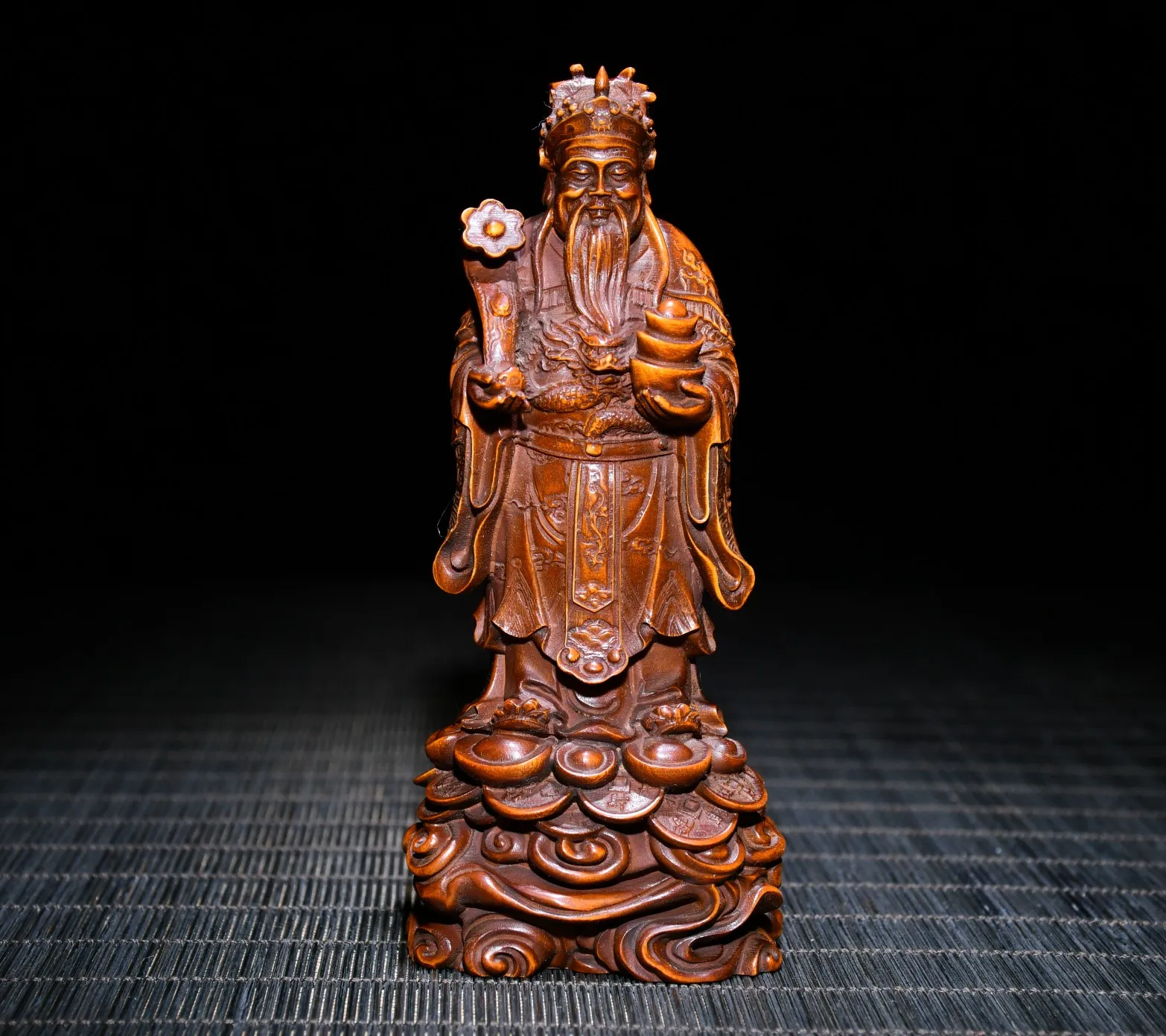 

5"Tibetan Temple Collection Old Boxwood God of Wealth Statue Ingots Lucky fortune Office Ornaments Town House Exorcism