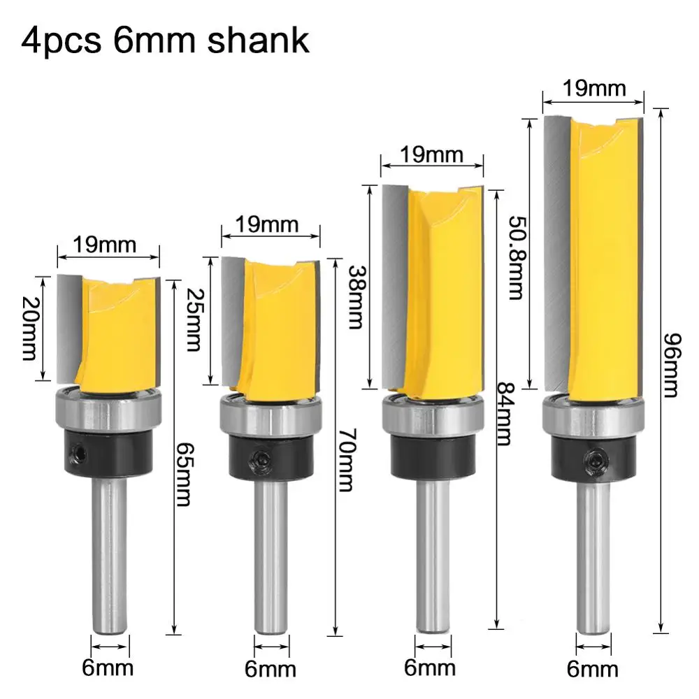 

4pcs 6mm 1/4inch Shank Flush Trim Router Bit Pattern Bit Top Bottom Bearing 3/4" Blade Template Wood Milling Cutter Carpenter