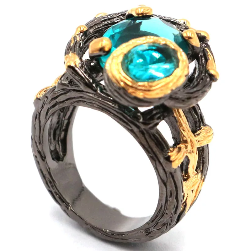 

18x16mm Vintage Cool Black Gold Color Rings Hip Hop Luxury Created Violet Tanzanite Paris Blue Topaz Jewelry Wholesale Drop