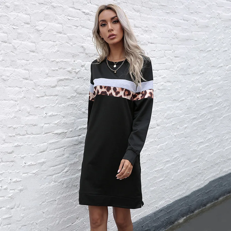 

Женское лоскутное платье с длинным рукавом и круглым вырезом, весна-осень 2021, Модный повседневный пуловер, платье-свитер до колена с боковой...