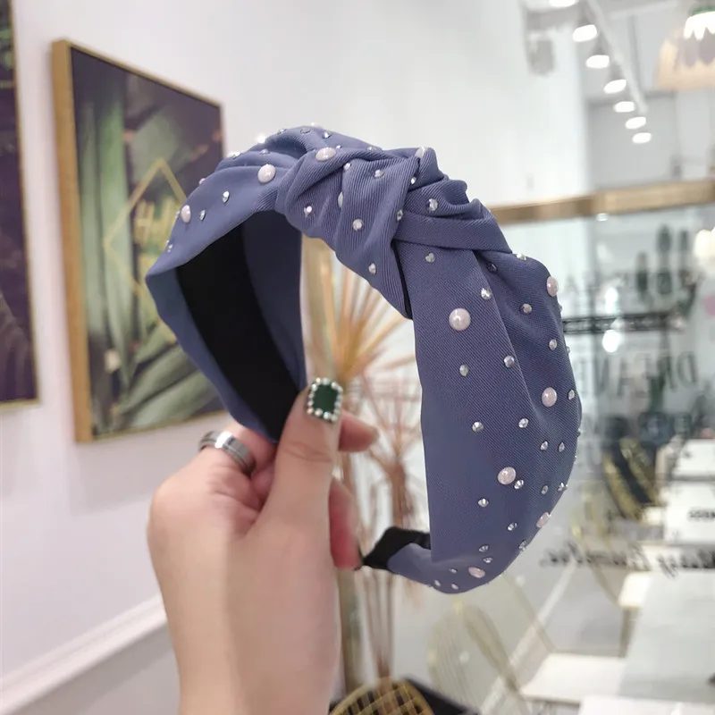 

Solid Color Non-slip Fashion Headband Middle Knot Head Hoop Shining Pearls Rhinestone Hair Hoop Handmade Hair Accessories