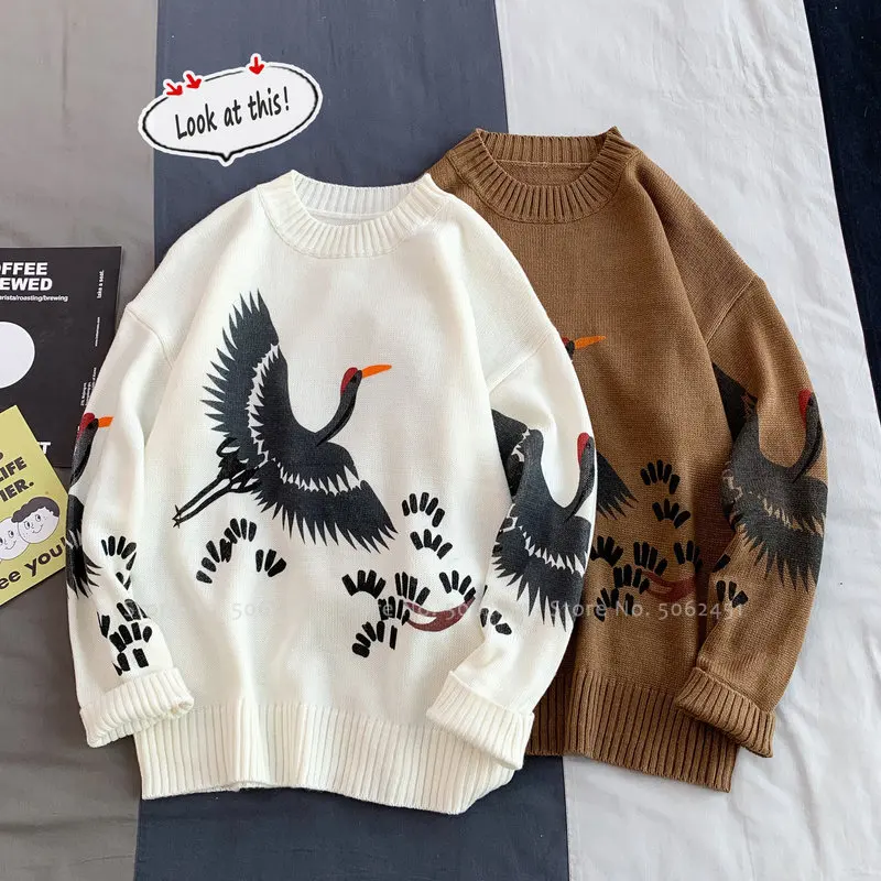 Мужской свободный свитер с принтом журавль уличная одежда в китайском стиле