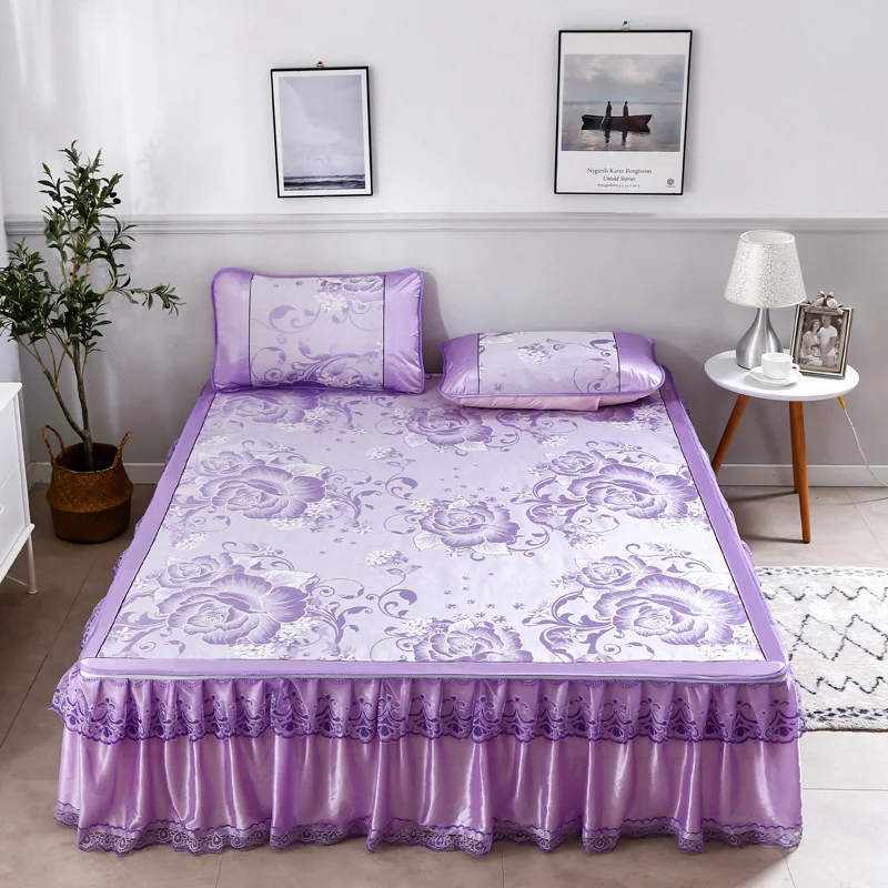 

2021 Summer Cool Mat Set 3pcs Jacquard Flora Bed Cover Skirt Mattress Protection Sheet 180*220 Rubber Fitted Sheet Set Bedspread