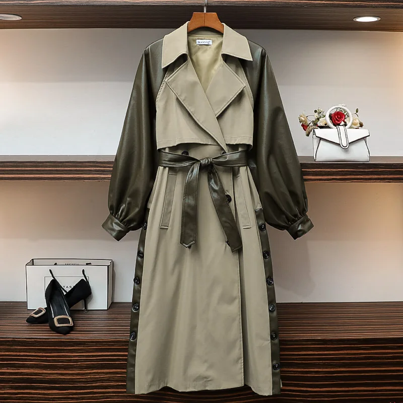 

Green Large Lapel Contrast Stitched PU Leather Windbreaker Coat Women's Winter 2021 Trench Coat for Women Clothes Jacket OLmujer