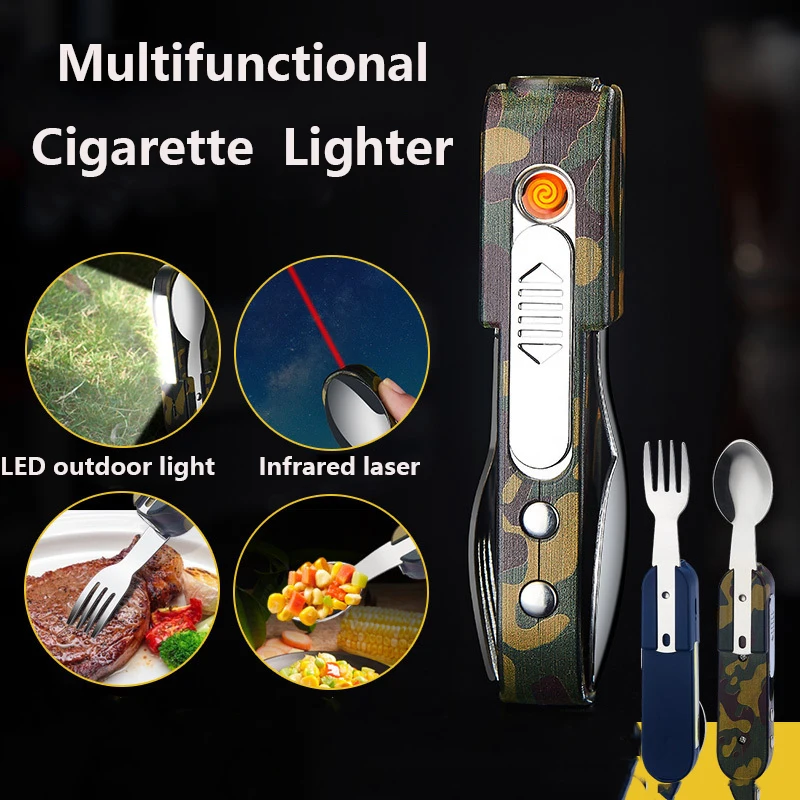 

Multifunctional USB Rechargeable Lighter Outdoor Windproof Arc Cigarette Lighter with LED Light Spoon Fork Magnet Laser Gadgets