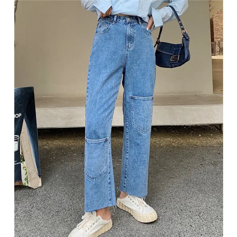 

Blue Stitching High Waist Big Pockets High Quality Straight Jeans Loose Streetwear Retro Bottoms Women Trousers 2021 New Autumn