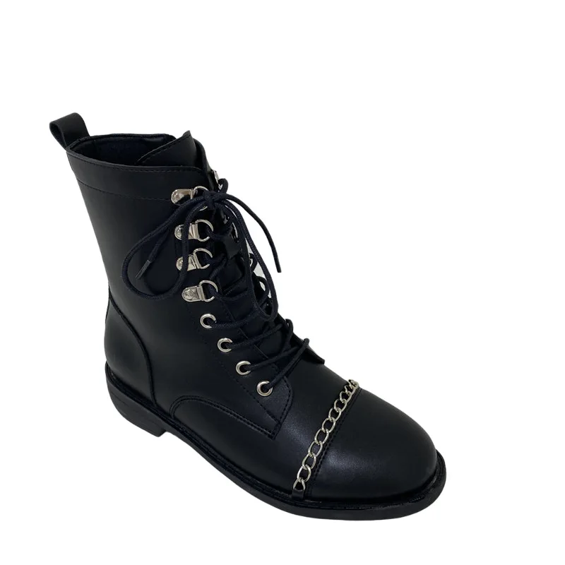 

Metal Buckle Lace Up Riding Boots Women Zipper Mid-calf Botas Mujer Pu Leather Shoes Round Toe Metalic Chain Bottine Femme 2021
