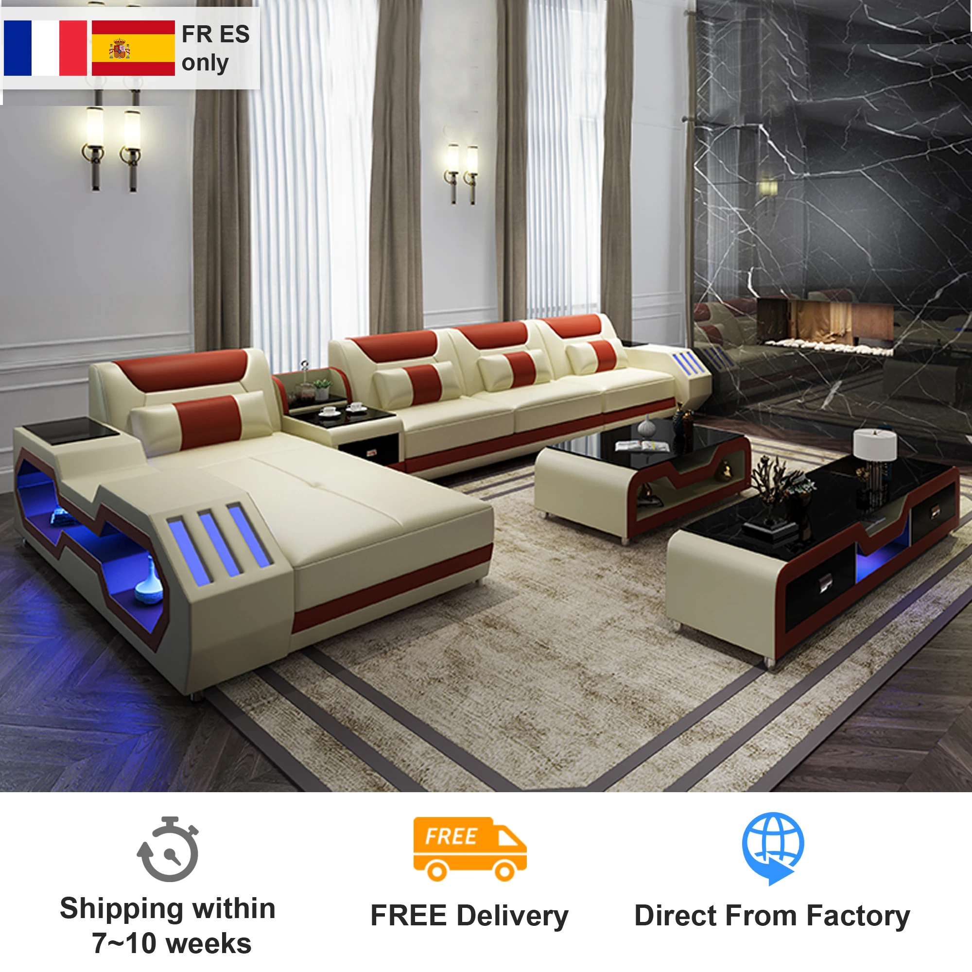 

living room Sofa functional genuine leather couch Nordic corner L RGB LED light+ Bluetooth cup holder+ coffee table+ TV stand