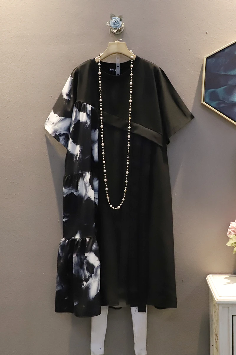 

WR26201 IEQJ new summer fashion women dress round neck short sleeves printed asymmetrical pullover maxi dress vestido loose