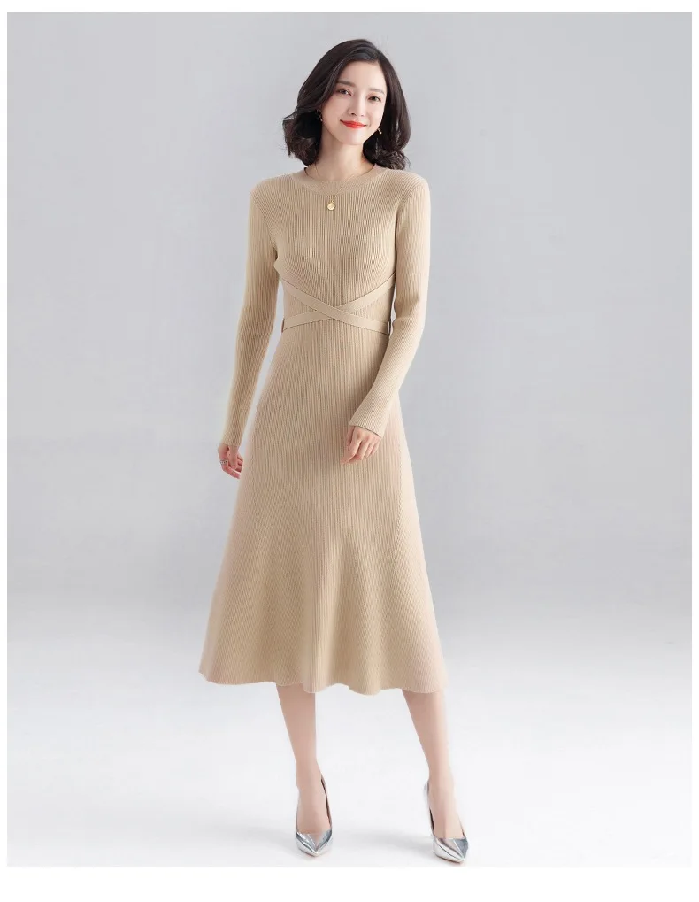 INNASOFAN knitted dress women Autumn Winter long-sleeved dress Euro-American fashion chic dress solid color