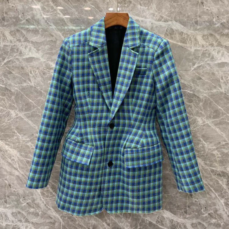 coat Женский винтажный клетчатый Блейзер, mujer, длинный рукав, Блейзер, femme,, Осень-зима, Модный женский клетчатый ретро пиджак с открытыми плечами, костюм - Цвет: coat