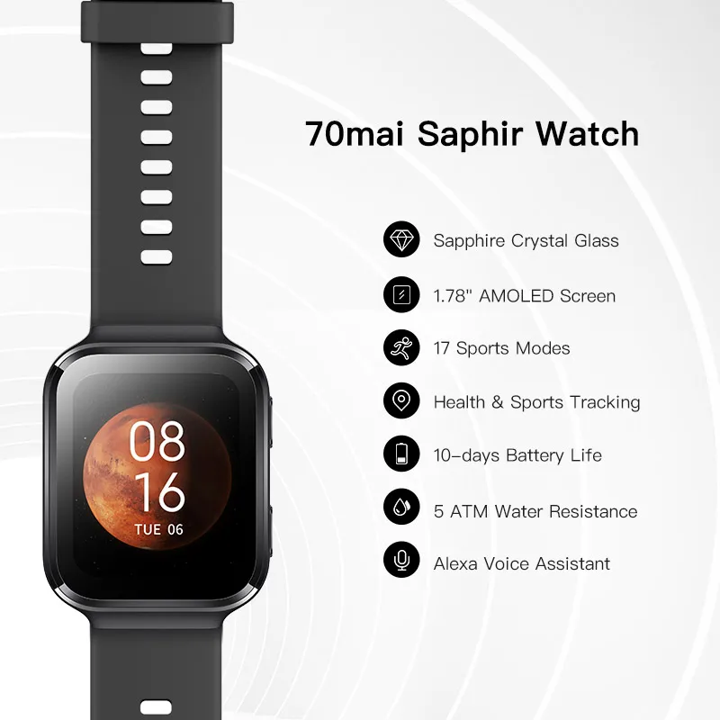 70mai Smart Watch 70mai Saphir Watch Bluetooth GPS Heart Rate Monitor 5ATM Resistance Call Reminder 70mai Smartwatch